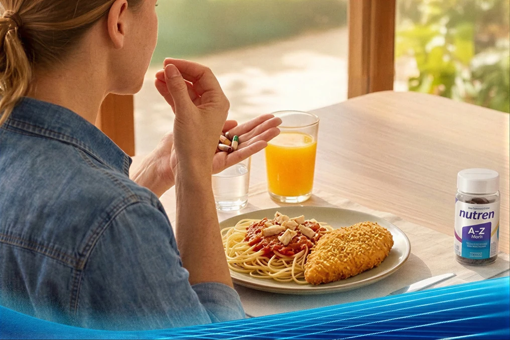 Mulher à mesa com prato de macarrão e frango, suco de laranja e frasco de Nutren A-Z